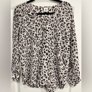 CAbi Glamour Leopard Print Women's Blouse Brown White Pink Tiered Shirt Flowy XS